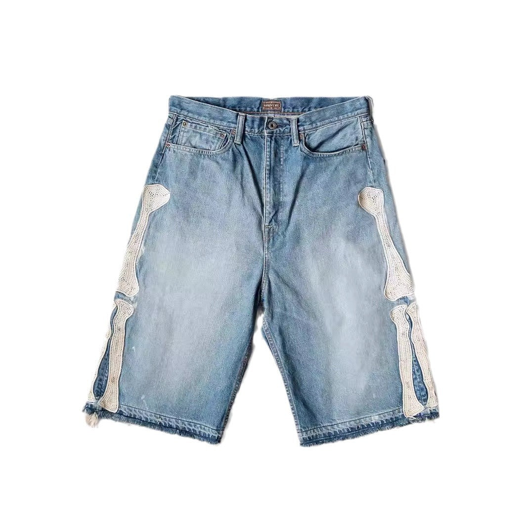 73r1 - Hip Hop Embroidered Bones Casual Denim Shorts Men