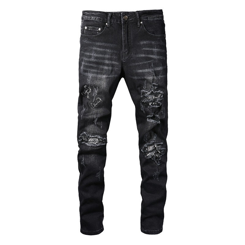 73r1 - Black Cashew Printed Patch Slim Denim