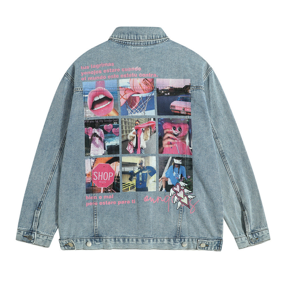73r1 - Funny Printed Jiugong Plaid Denim Clothes Jacket
