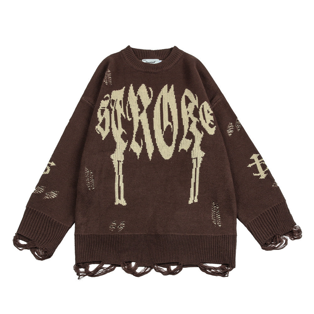 73r1 - Hip Hop Trend Crocheted Ripped Round Neck Sweater