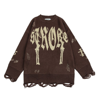 73r1 - Hip Hop Trend Crocheted Ripped Round Neck Sweater