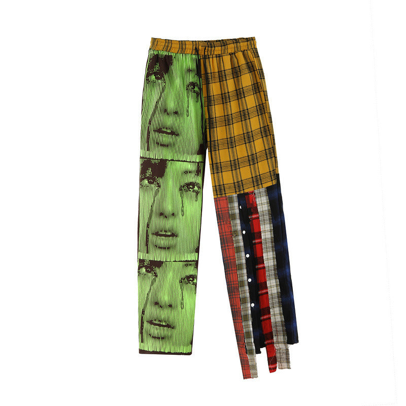 73r1 - Pantalones rectos estilo hip-hop con estampado y costuras a cuadros