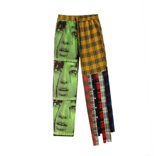73r1 - Pantalones rectos estilo hip-hop con estampado y costuras a cuadros