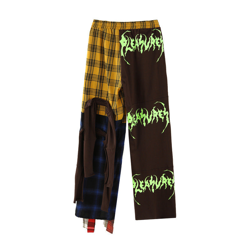 73r1 - Pantalones rectos estilo hip-hop con estampado y costuras a cuadros