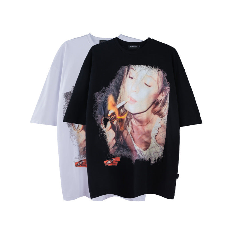 73r1 - Camiseta retro estilo europeo y americano con estampado de personaje