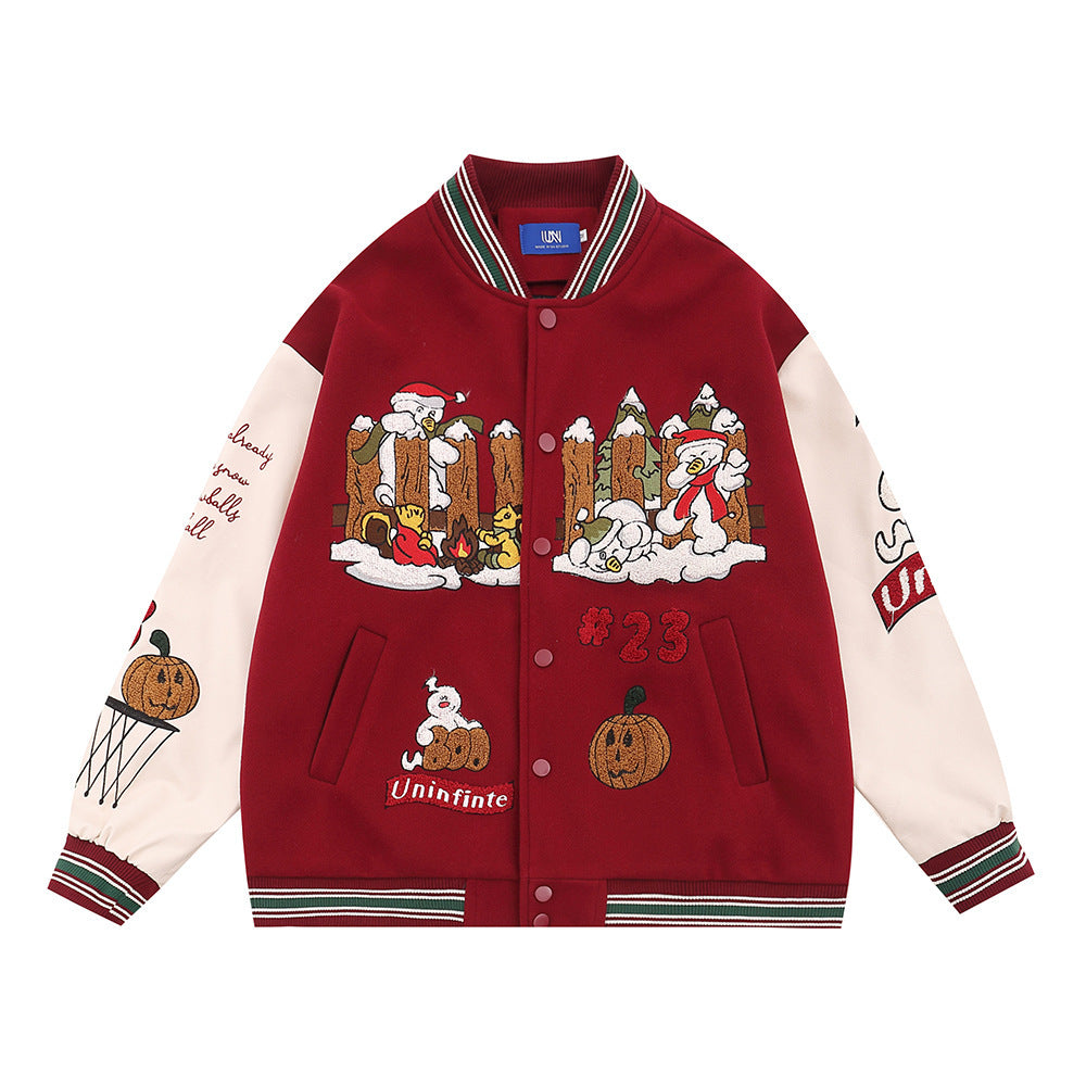 73r1 - Abrigo varsity bordado estilo americano, con mangas en cuero PU y diseño de marca