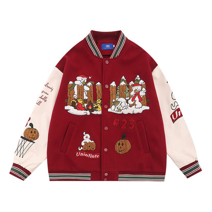 73r1 - Abrigo varsity bordado estilo americano, con mangas en cuero PU y diseño de marca