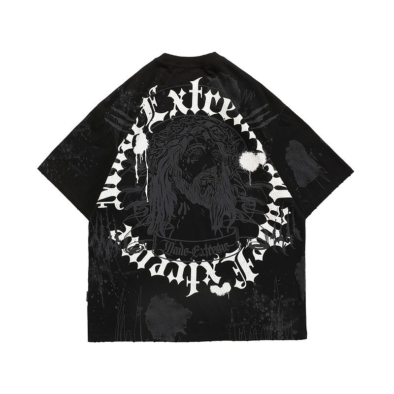 73r1 - Washed Retro Print Hip Hop Short Sleeve Tee