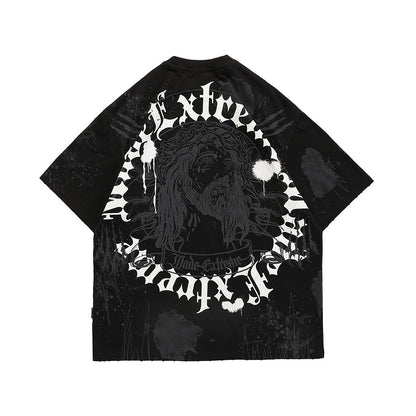 73r1 - Washed Retro Print Hip Hop Short Sleeve Tee