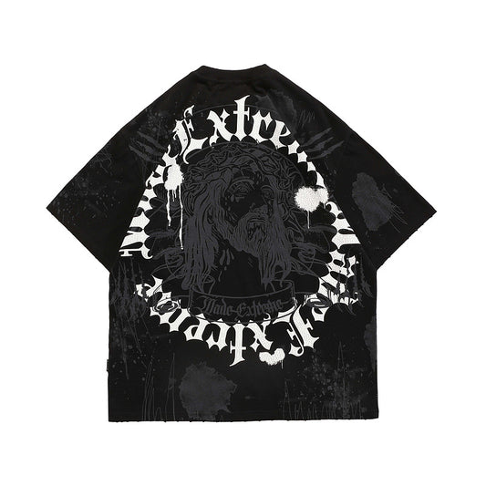 73r1 - Washed Retro Print Hip Hop Short Sleeve Tee