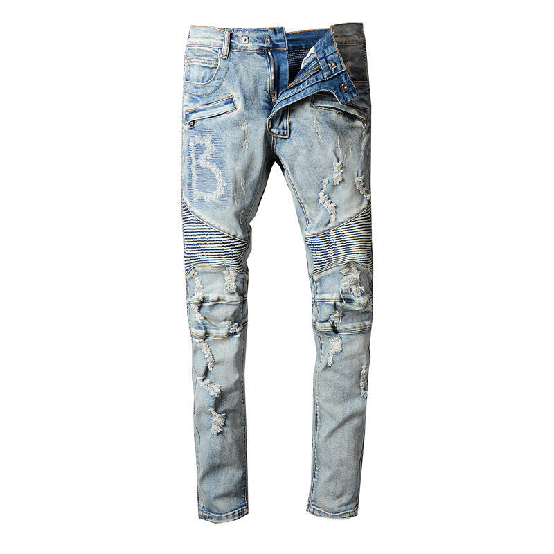 73r1 - Pleated & Distressed Mid-Waist Denim Pants