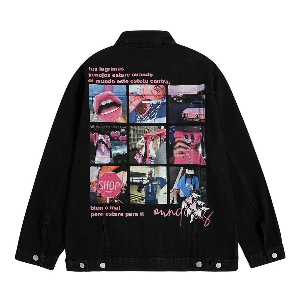 73r1 - Funny Printed Jiugong Plaid Denim Clothes Jacket