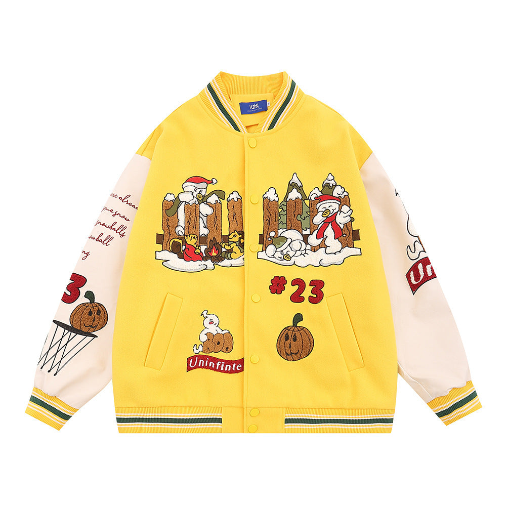 73r1 - Abrigo varsity bordado estilo americano, con mangas en cuero PU y diseño de marca