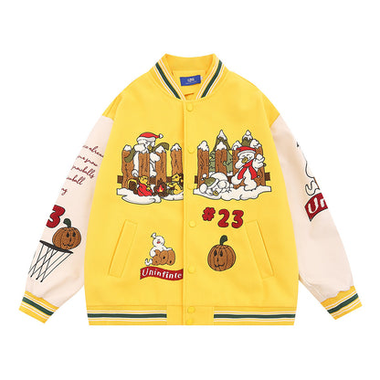 73r1 - Abrigo varsity bordado estilo americano, con mangas en cuero PU y diseño de marca