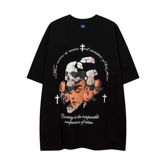 73r1 - Camiseta estilo street retro con estampado de calavera y letras
