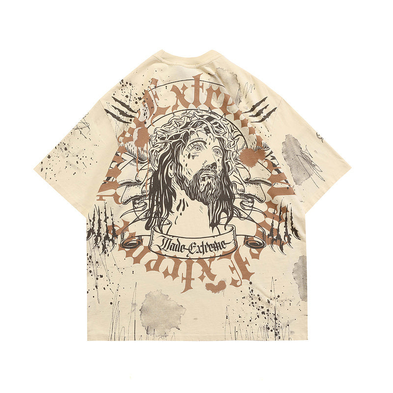 73r1 - Washed Retro Print Hip Hop Short Sleeve Tee