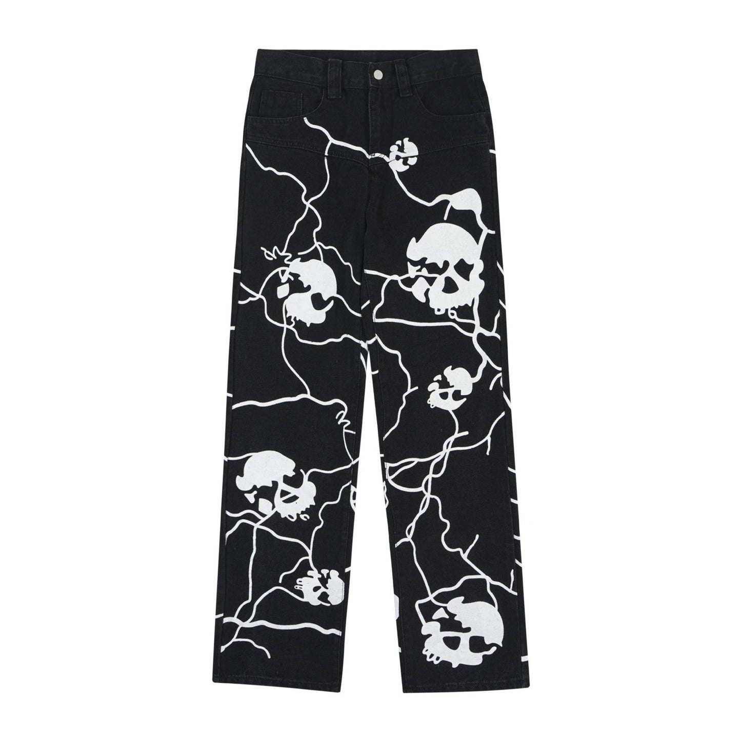 73r1 - Hip Hop Full Printed Skull Jeans Dark High Street Design Sense Straight-leg Trousers