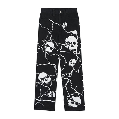 73r1 - Hip Hop Full Printed Skull Jeans Dark High Street Design Sense Straight-leg Trousers