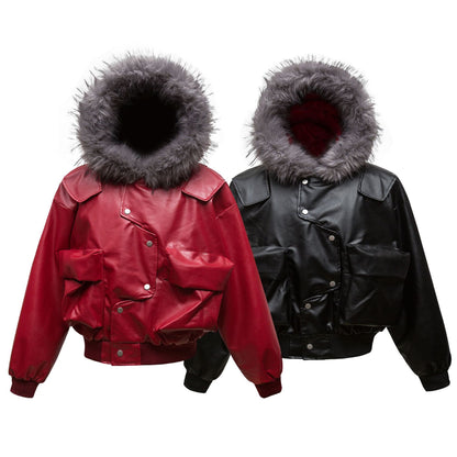 73r1 - Retro Hooded PU Leather Cardigan Jacket Teen Winter