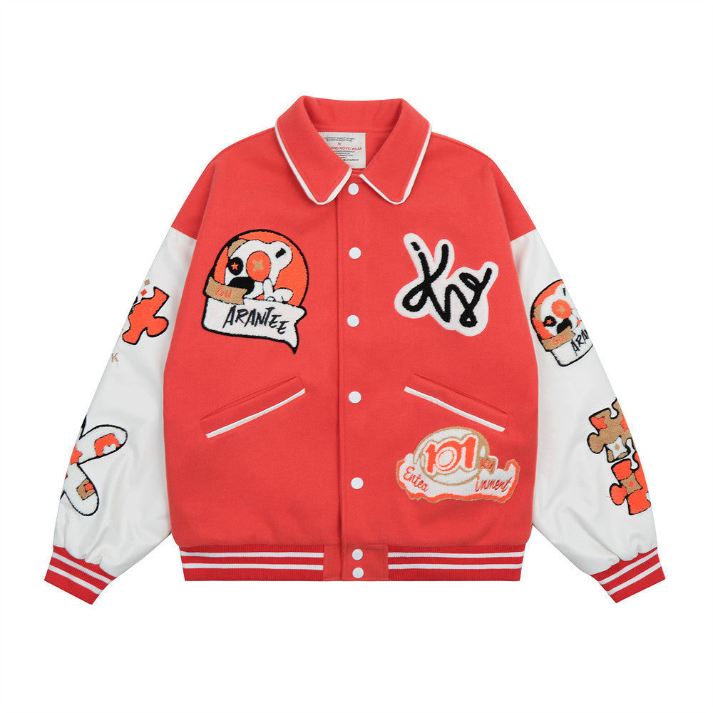 73r1 - Cartoon Embroidered Thick Cotton Street Jacket Orange Men Winter