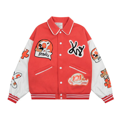 73r1 - Cartoon Embroidered Thick Cotton Street Jacket Orange Men Winter
