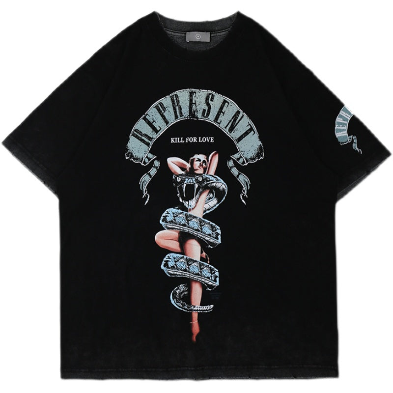 73r1 - T-shirt holgada negra con estampado serpiente estilo retro