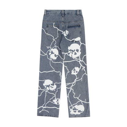 73r1 - Hip Hop Full Printed Skull Jeans Dark High Street Design Sense Straight-leg Trousers