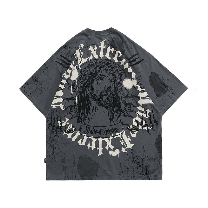 73r1 - Washed Retro Print Hip Hop Short Sleeve Tee