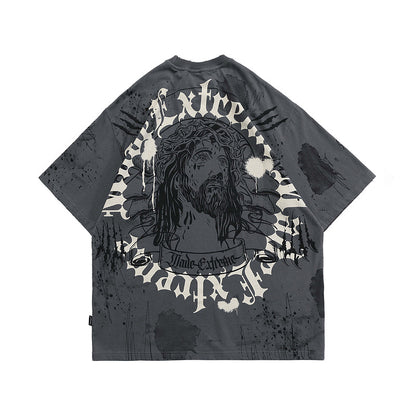 73r1 - Washed Retro Print Hip Hop Short Sleeve Tee