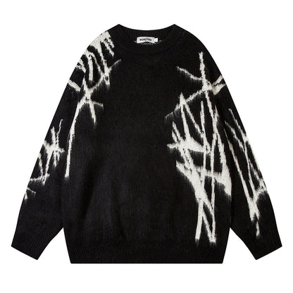 73r1 - Graffiti Embroidered Crew Neck Sweater Men's Hip Hop Design Pullover Sweater