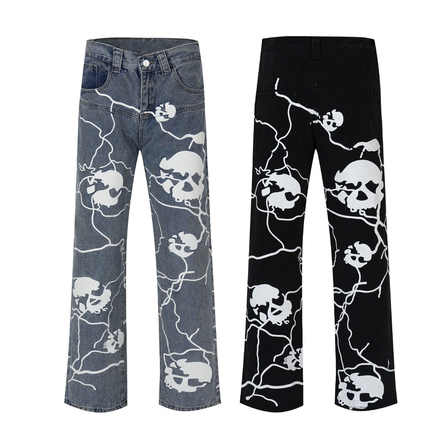 73r1 - Hip Hop Full Printed Skull Jeans Dark High Street Design Sense Straight-leg Trousers
