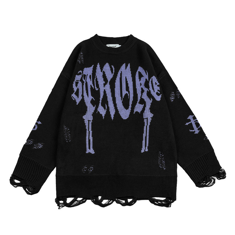 73r1 - Hip Hop Trend Crocheted Ripped Round Neck Sweater