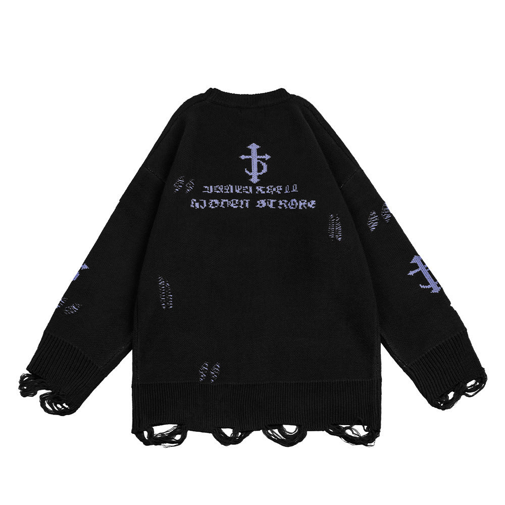 73r1 - Hip Hop Trend Crocheted Ripped Round Neck Sweater