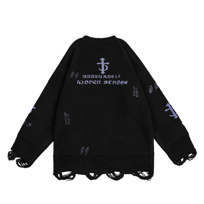 73r1 - Hip Hop Trend Crocheted Ripped Round Neck Sweater