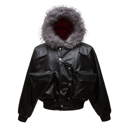 73r1 - Retro Hooded PU Leather Cardigan Jacket Teen Winter